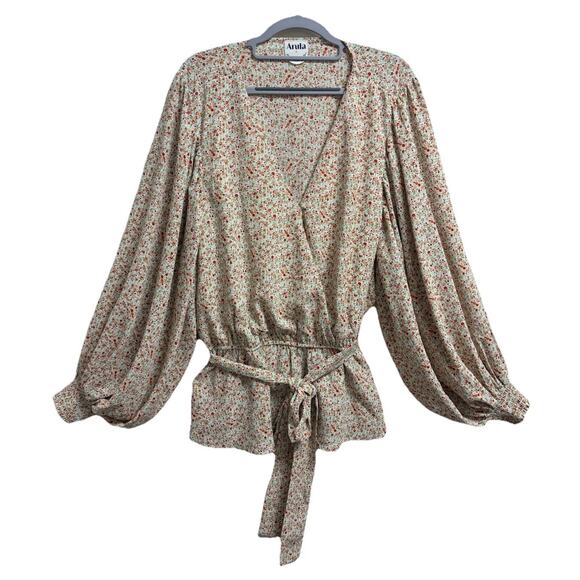 Arula Women’s 14/16 Floral Wrap Blouse Long Sleeve Peplum Tie Waist Red Multi - Picture 1 of 6